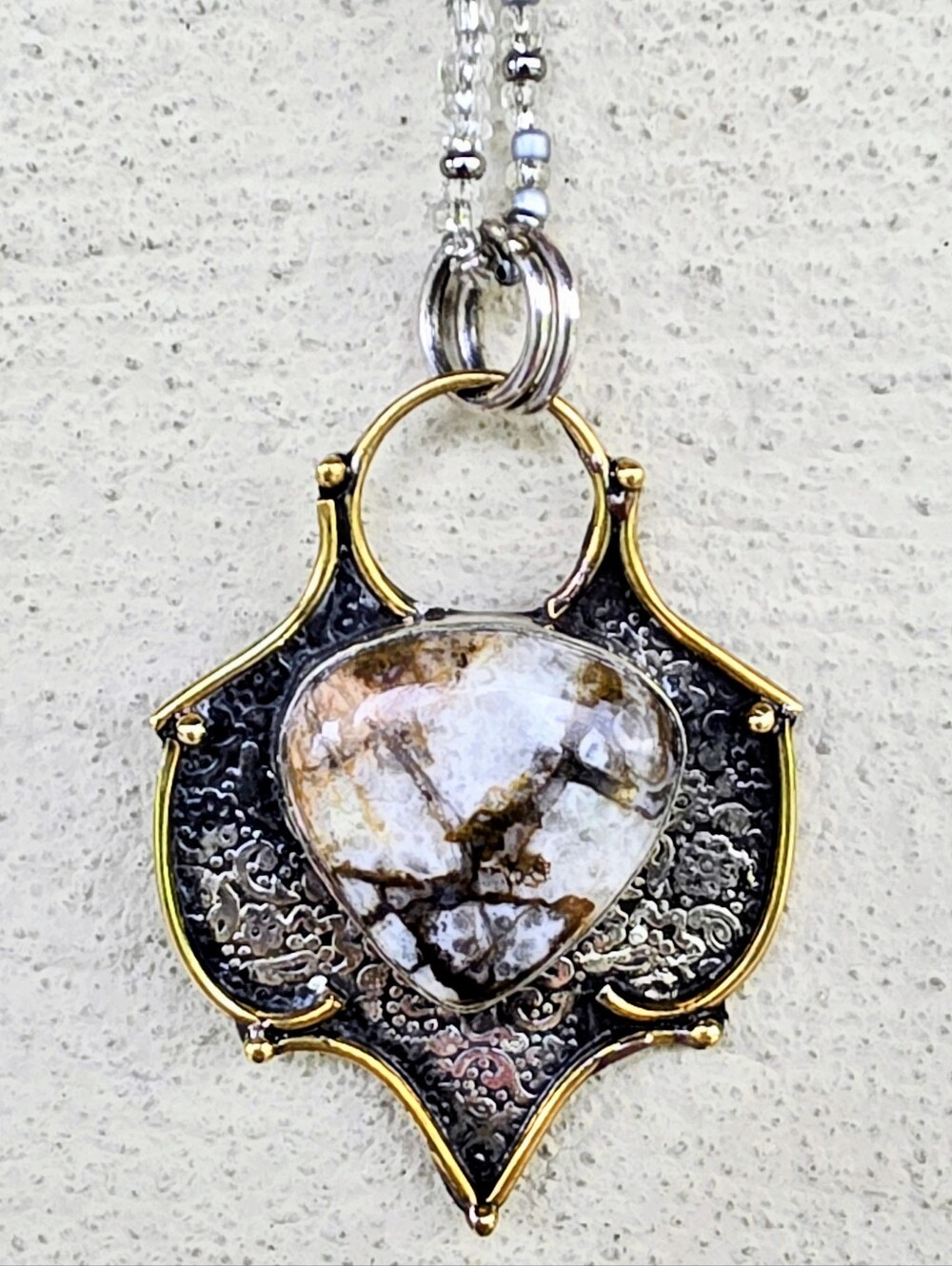 Wild Horse Jasper Gemstone Pendant In 925 Sterling Silver W Gold Vermeil (2.25")